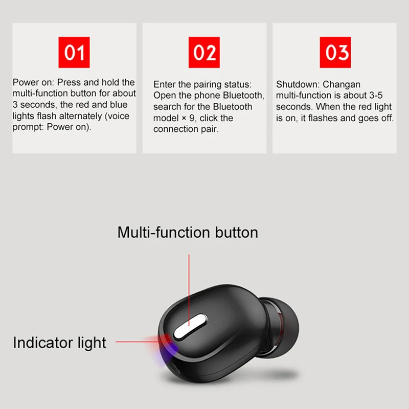VAORLO X9 Bluetooth 5,0 Slušalice, Prijenosni Mini Stereo Bežični Glazbeni Slušalice s teškim Bas U uhu 6D Zvuk Sportske Jedan Slušalice