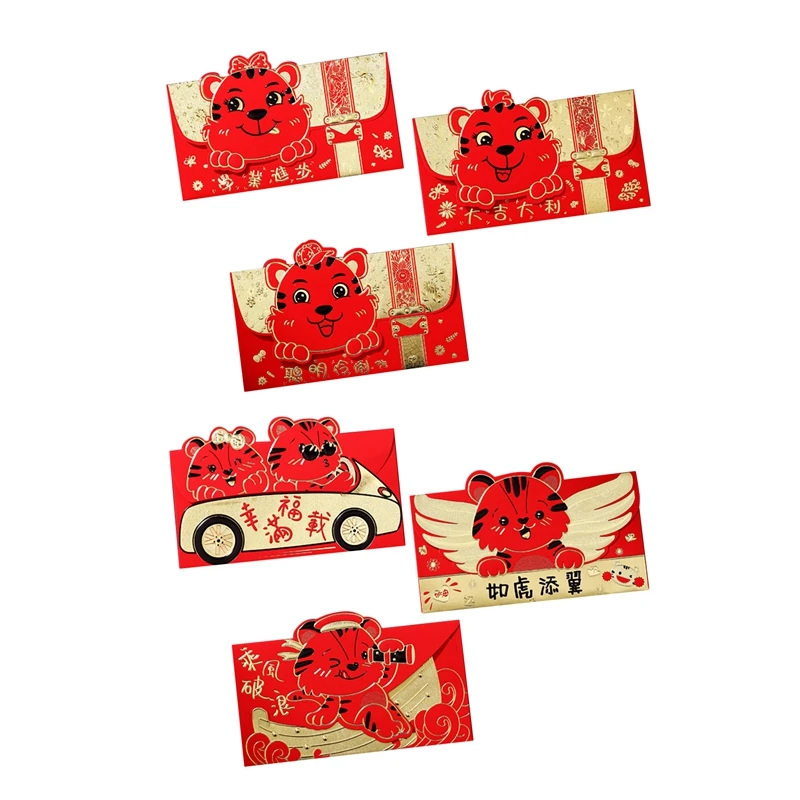 6 Kom. Kineski Crveni Koverte, Godina Tigra Crvene Koverte Sretan Novčane Pakete za Poklon za Rođendan Proljetni festival Slika 2 