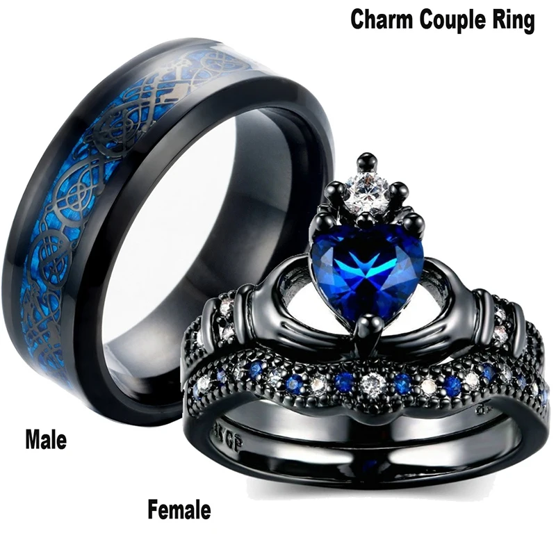 Šarmantan par i prsten Od nehrđajućeg čelika Crno muški prsten sa plavim kubični cirkon Donje prsten Skup na Valentinovo Wedding metalni prsten