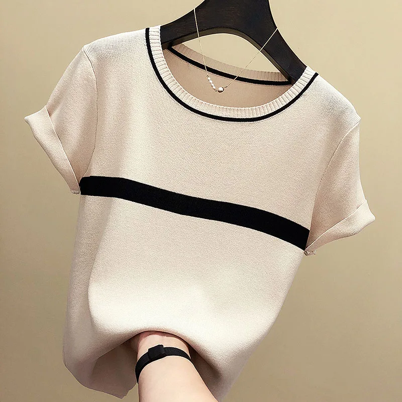 Povucite Femme je Ženski pulover Ljetne majice Tanke pletene džemper Ženska moda 2022 kratkih rukava u traku na korejskom stilu Ženska odjeća