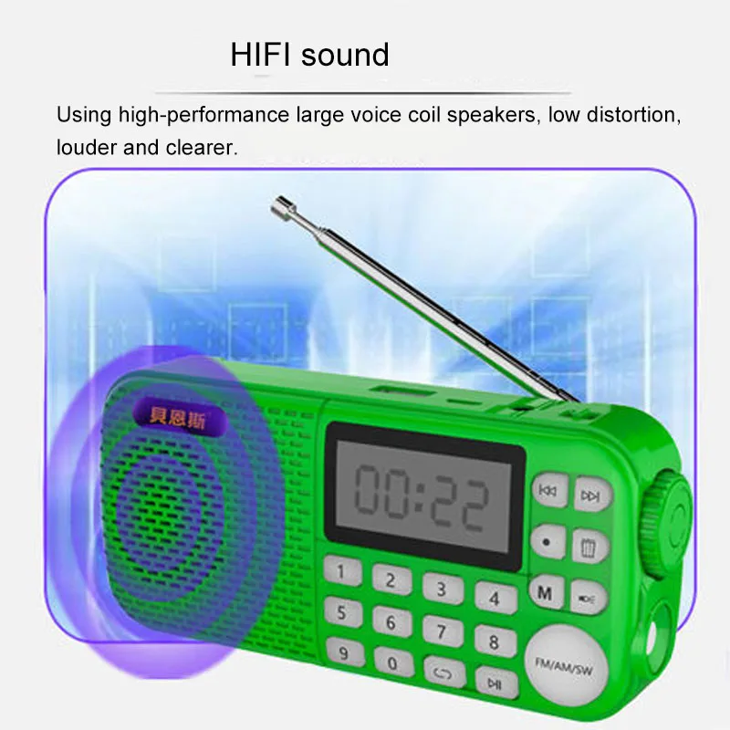Prijenosni FM AM SW Radio Bluetooth Zvučnik MP3 Music player s led svjetiljku Podržava TF Kartice USB AUX Ulaz Brisanje Slika 5 