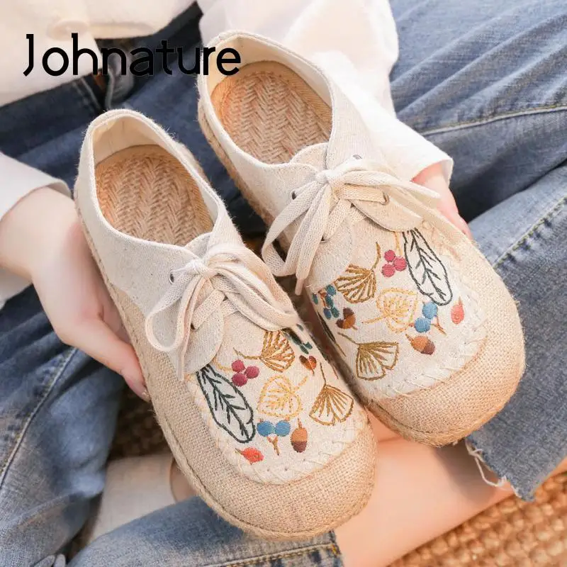 Johnature, Pamuk, platno cipele na ravne cipele Ženske cipele čipka-up 2022 godine Nova proljetna cipele s okruglim vrhom s vezom Lakonski udobne ženske cipele ručne izrade