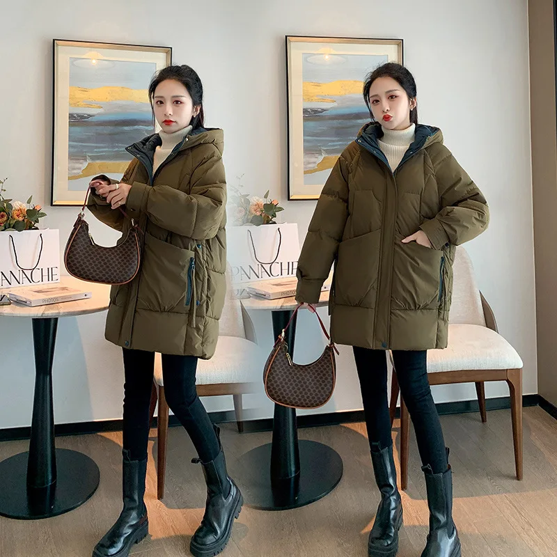 Odjeća veličine za žene Koreanska verzija Slobodne pamučne jakne s kapuljačom srednje dužine 2021 Nova Jesen i zima Slika 2 