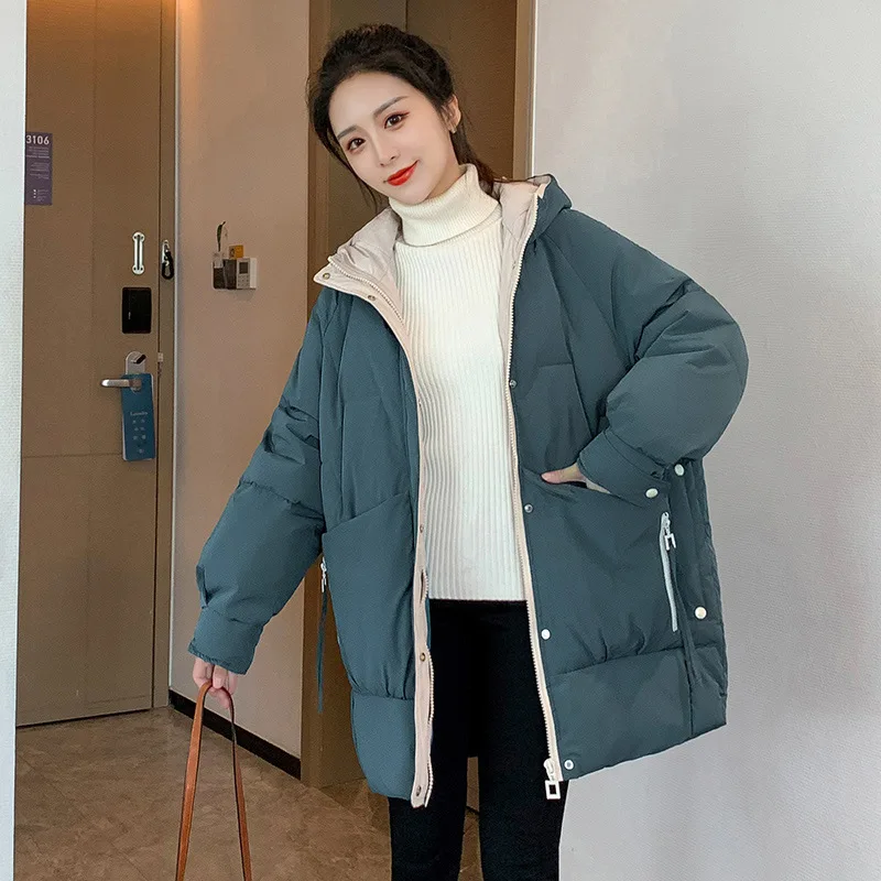 Odjeća veličine za žene Koreanska verzija Slobodne pamučne jakne s kapuljačom srednje dužine 2021 Nova Jesen i zima Slika 3 