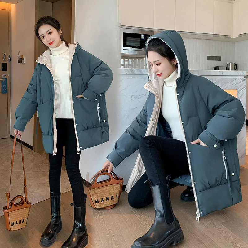 Odjeća veličine za žene Koreanska verzija Slobodne pamučne jakne s kapuljačom srednje dužine 2021 Nova Jesen i zima Slika 4 