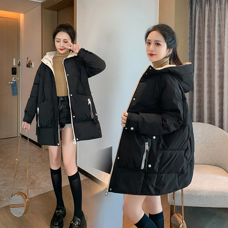 Odjeća veličine za žene Koreanska verzija Slobodne pamučne jakne s kapuljačom srednje dužine 2021 Nova Jesen i zima Slika 5 