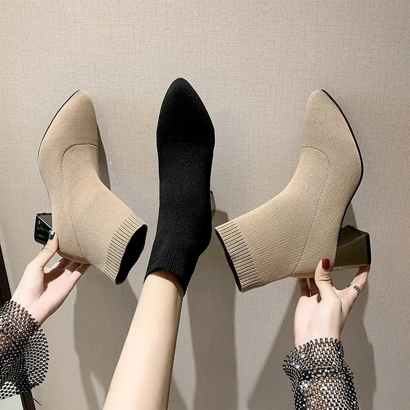 Luksuzni stil 2022 godine Nove ženske trendy moderni čizme Ženske čizme s vrhom od elastične tkanine Prozračna cipele Ženske natikače na visoku petu 5,5 cm Slika 3 