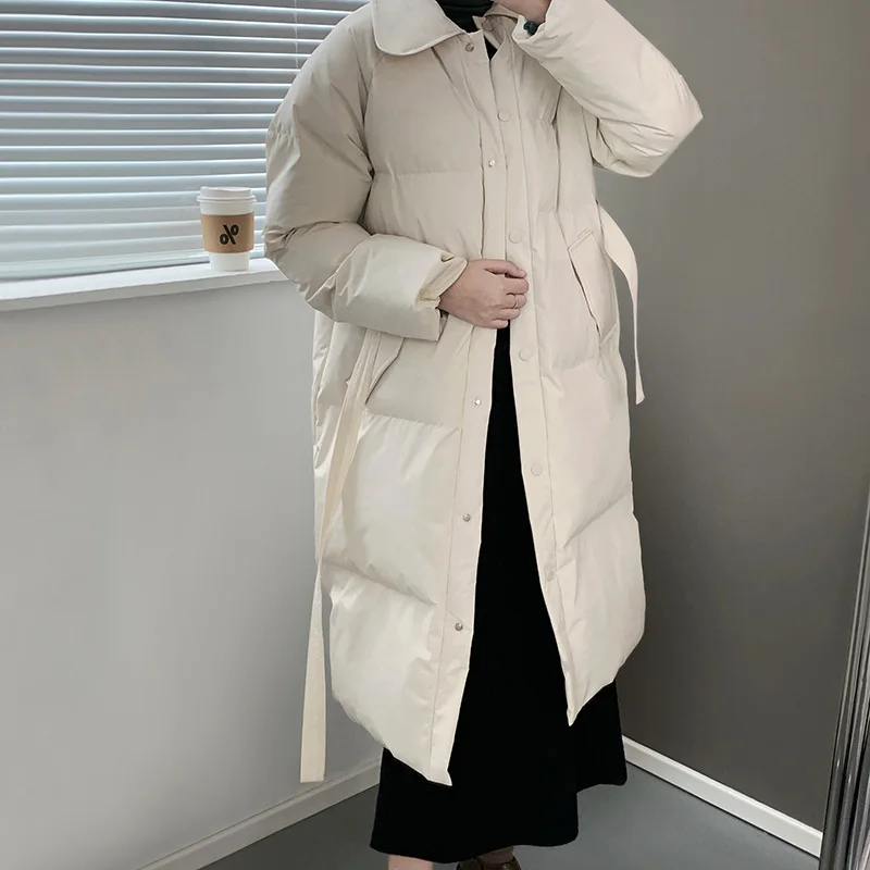 Zimske ženske parkovi s dugim rukavima i lapels, однобортное kaput srednje duljine čipka-up, ženski korejski stil, slobodan bijela Casual top, ženski