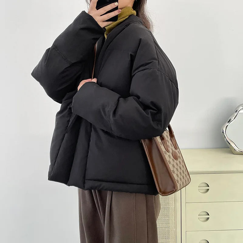 FTLZZ Nova jesensko-zimska ženska topla jakna s V-izrez na obloge Ulica debela ženska pamučna jakna Retro Dama Crna odjeća