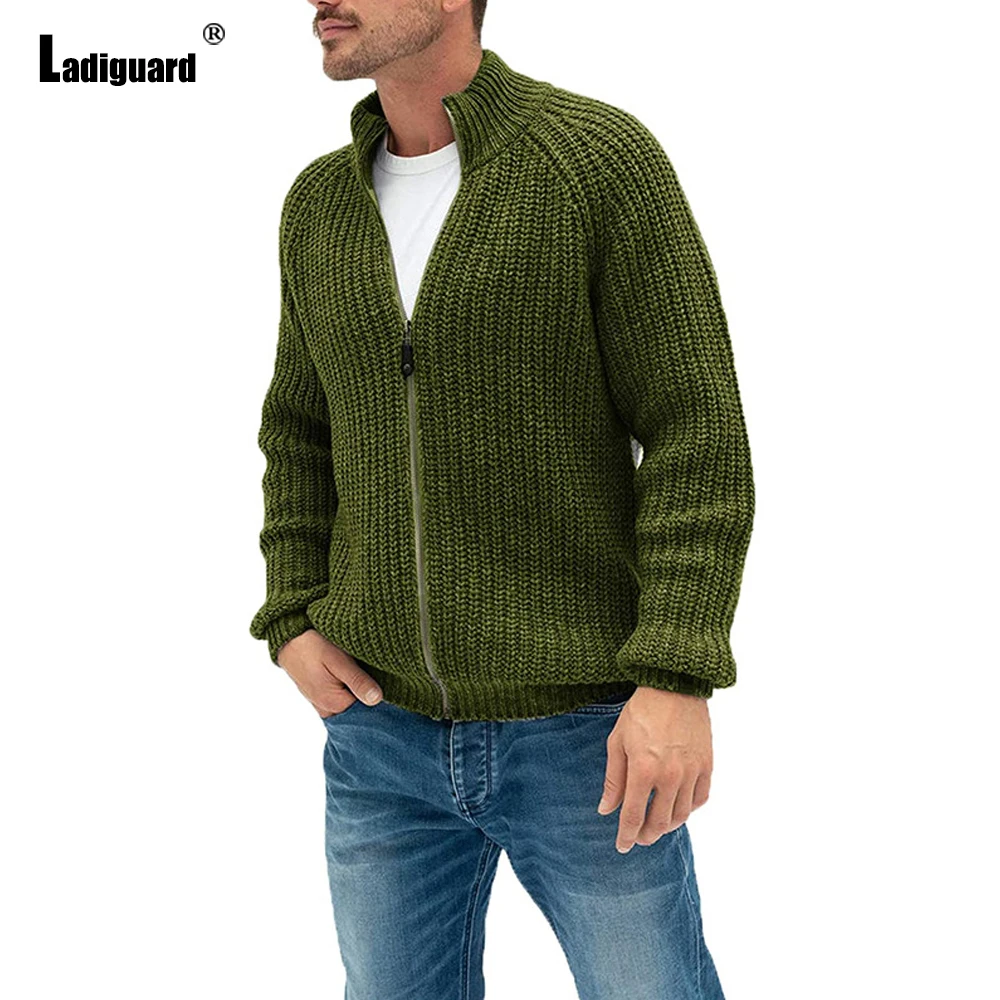 Ladiguard Muške Zimske pletene džemper topli kaput 2021 Engleski Stil Moderan Top munje Tanke cardigans Army green Muška vanjska odjeća Slika 1 