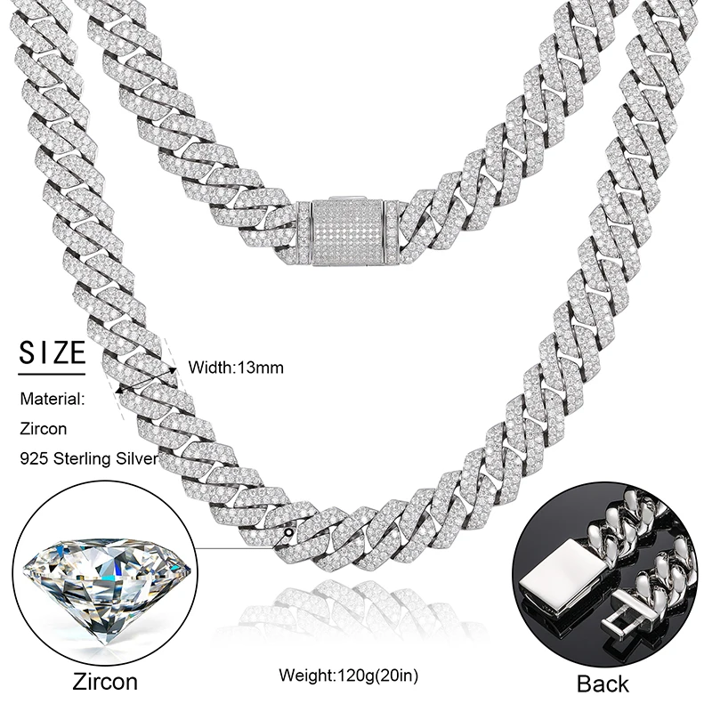 13 mm Visoke nakit od 925 sterling srebra Муассанит Ogrlica za muške Ogrlice lanci Karika Lanca Trendi ženski unisex Poklon za zabavu