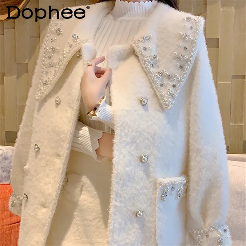 Bijelo toplo vune kaput s perlicama i šljokicama, donje s velikim igle, rukav-lanterna, двубортное твидовое кашемировое kaput, zimske тренч Slika 5 