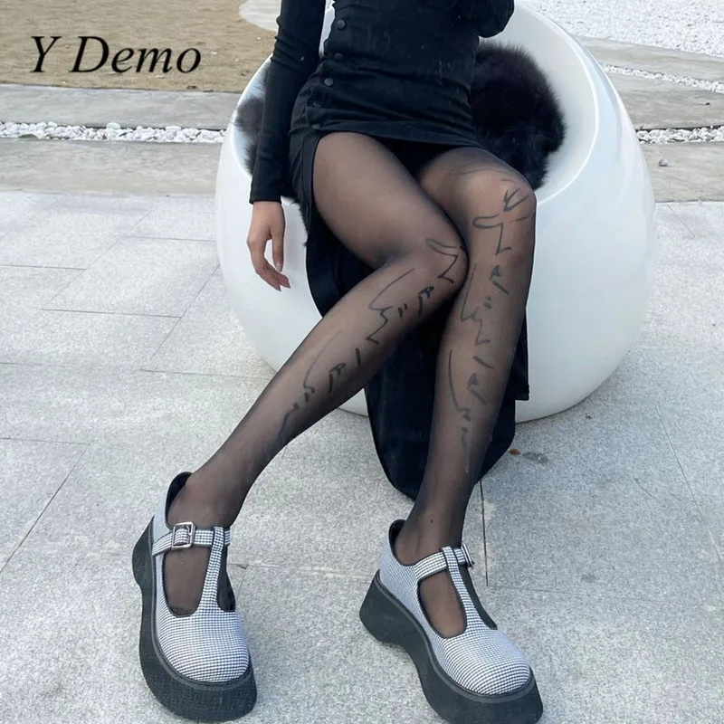 Y Demo Grunge Seksi prozirne ženske hulahopke sa slovima Gotičke Duge čarape, Ženske Tajice za stranke 2021