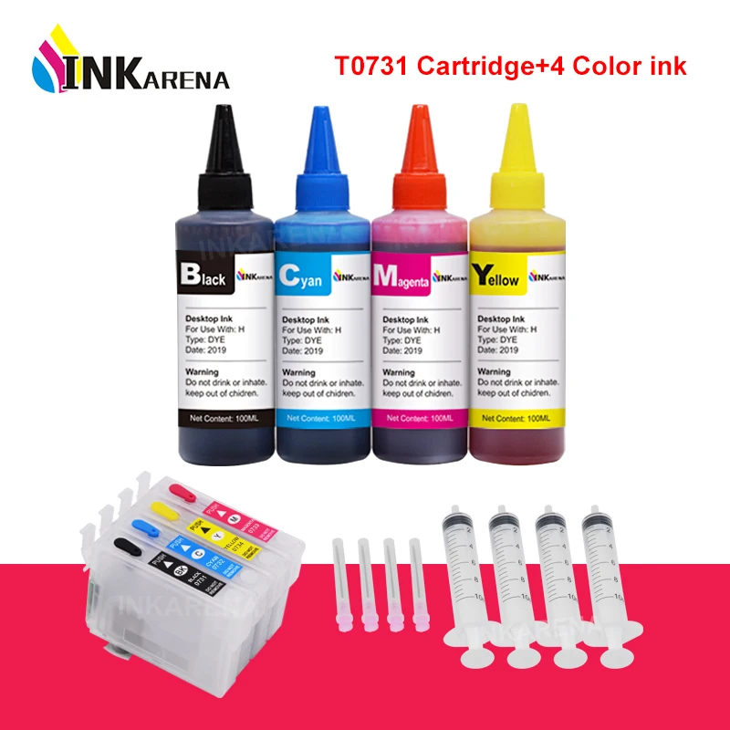 Ink Cartridge INKARENA T0731 XL Za Epson Stylus T10 T11 T20 T20E T21 T30 T40W TX100 TX101 TX102 TX103 + Set Tinte za punjenje 4 Boje Slika 2 