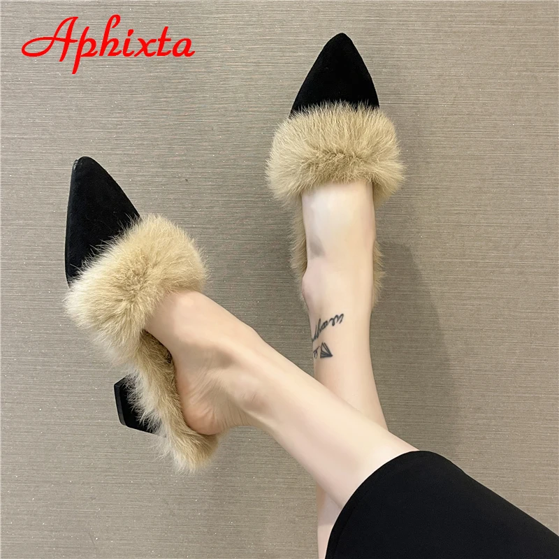 Aphixta Tople papuče od prirodne onda vune Ženske cipele zimske sa oštrim vrhom Luksuzni prirodni krzno Kvadratnom peta Dama Mujer Zatvoreni tobogani