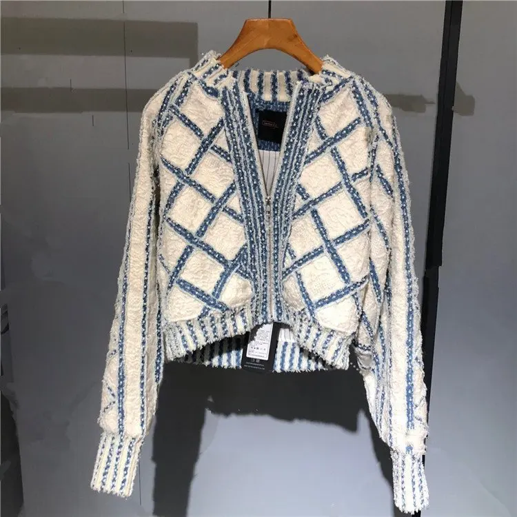 Novi mali teška okrugli ovratnik kratki kardigan džemper, pogodan u boji na kaput s bisernom diamond rešetaka, može biti konfiguriran na veliki veličina