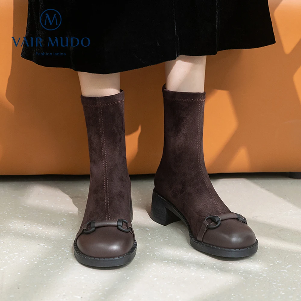 Ženske čizme VAIR MUDO Elegantne cipele s okruglim vrhom Proljeće i Jesen Crna Smeđa Metalni ukras Lakonski prirodna koža Moda DX10L Slika 0 