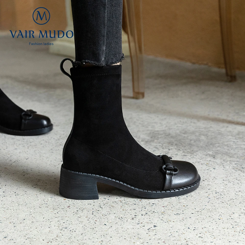 Ženske čizme VAIR MUDO Elegantne cipele s okruglim vrhom Proljeće i Jesen Crna Smeđa Metalni ukras Lakonski prirodna koža Moda DX10L Slika 2 