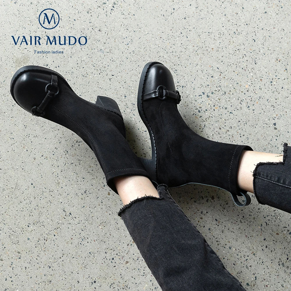 Ženske čizme VAIR MUDO Elegantne cipele s okruglim vrhom Proljeće i Jesen Crna Smeđa Metalni ukras Lakonski prirodna koža Moda DX10L Slika 3 