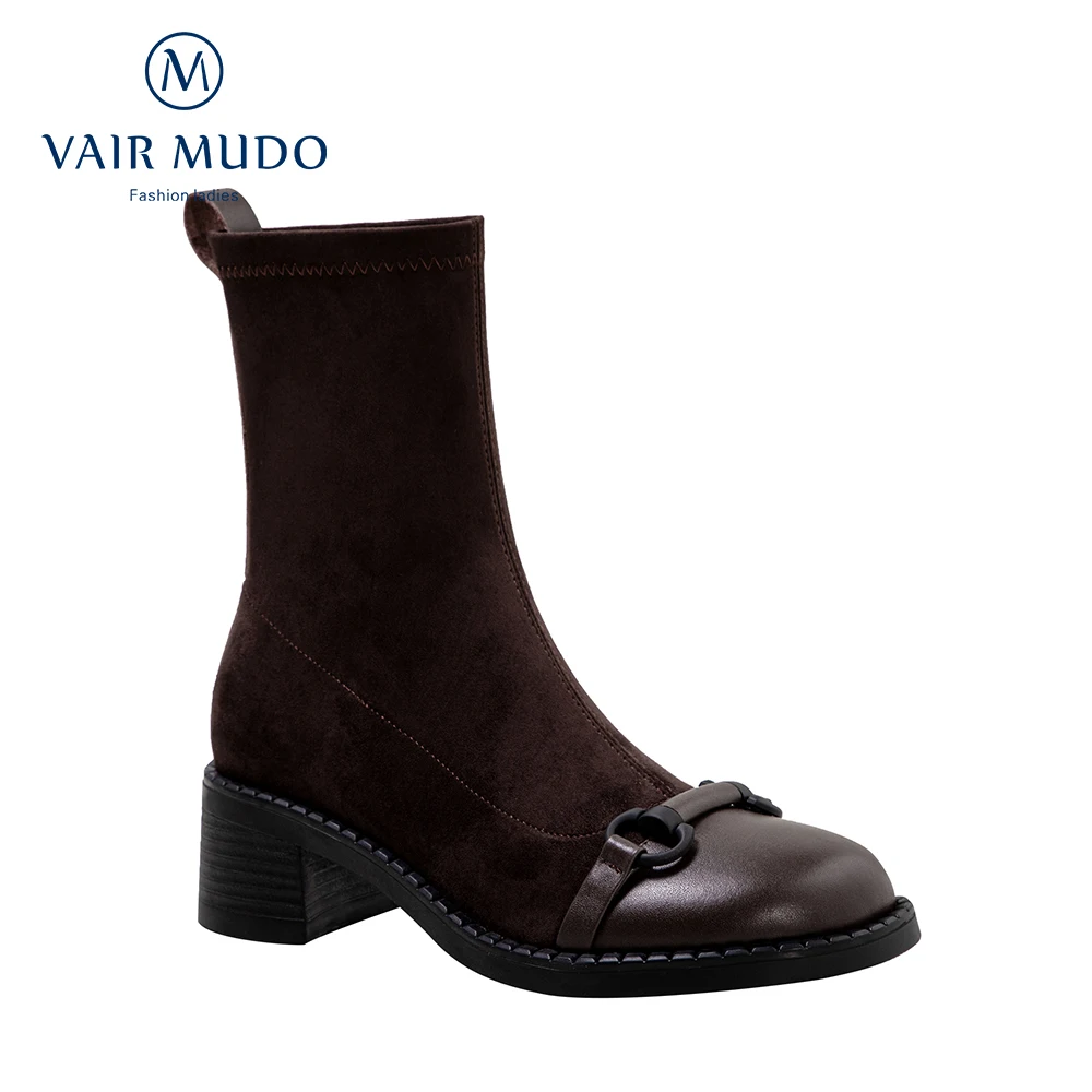 Ženske čizme VAIR MUDO Elegantne cipele s okruglim vrhom Proljeće i Jesen Crna Smeđa Metalni ukras Lakonski prirodna koža Moda DX10L Slika 4 