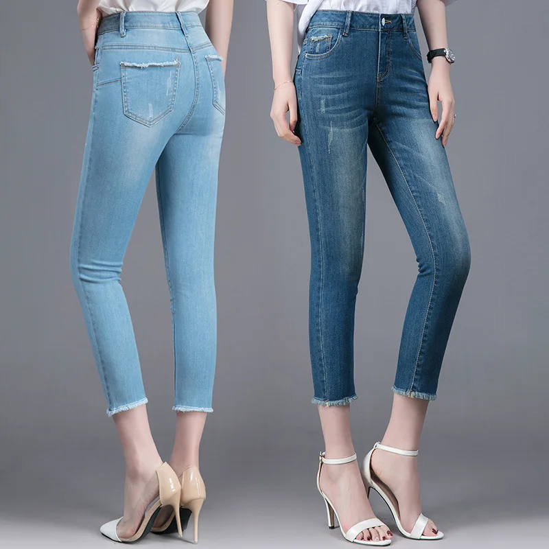 Svijetlo plave traperice Ženske hlače za noge 2021 Ljetne Hlače s visokim strukom Uske Hlače s visokim strukom Super Elastične Traperice