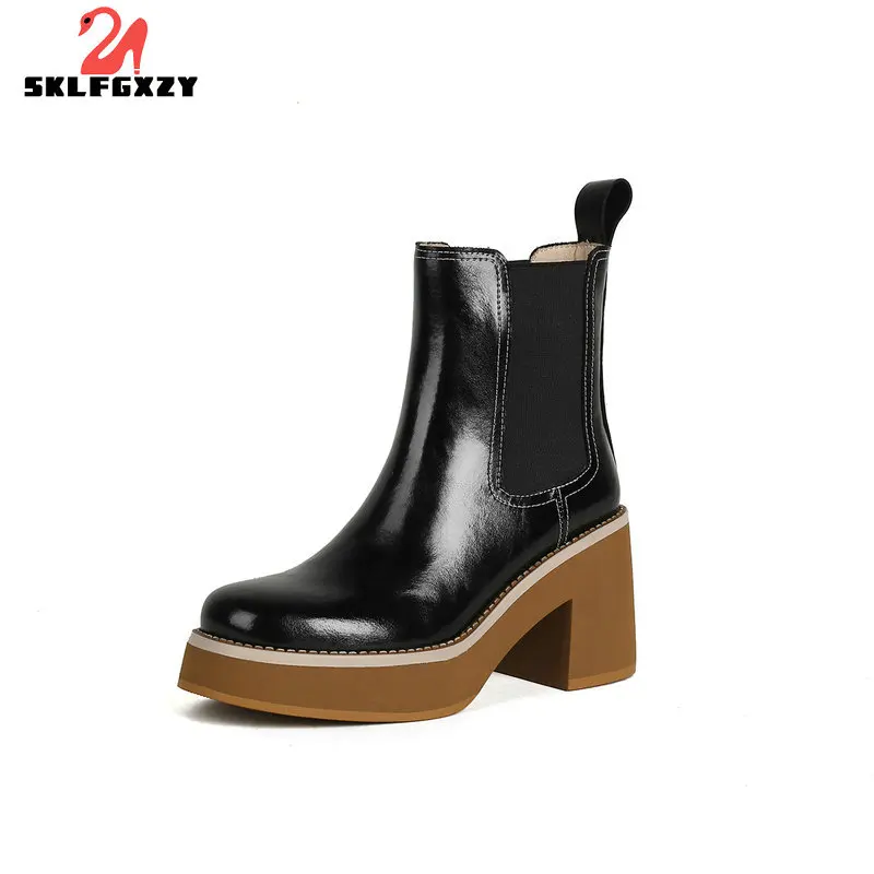 Visoka Kvaliteta 2021 g. Nove zimske ženske moderne čizme od prave kože Trendy ženske čizme u britanskom stilu Black bordo-crvene cipele