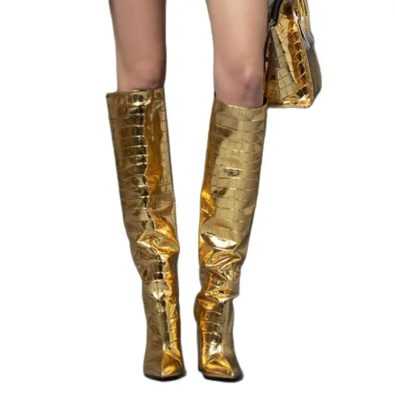 FANSAIDI Zimske visoke štikle jednobojnu Zlato Srebro Crne čizme do koljena na transparentan pete Ženske čizme za masovno petu 40 41 42 43
