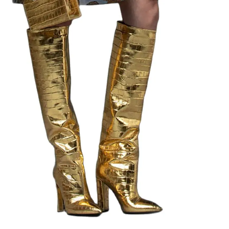 FANSAIDI Zimske visoke štikle jednobojnu Zlato Srebro Crne čizme do koljena na transparentan pete Ženske čizme za masovno petu 40 41 42 43 Slika 1 