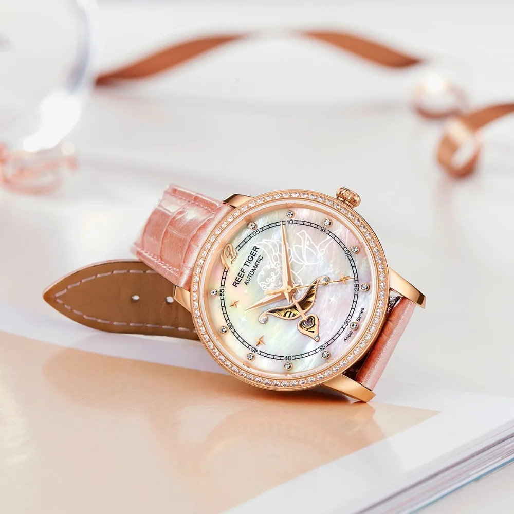Reef Tigar/RT Dizajnerske Trendi ženski sat sa bijelo lice s dijamantima Automatski satovi od teleće kože RGA1550