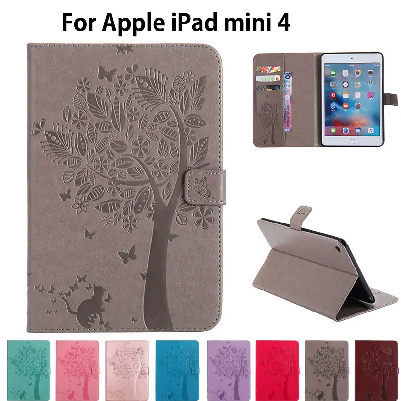 Za Apple iPad mini4 Poklopac od visokokvalitetnog umjetne kože, s gornjim štanda s uzorkom drveta Mačke Sjedalo za iPad mini 4 Torbica Funda Skin Shell
