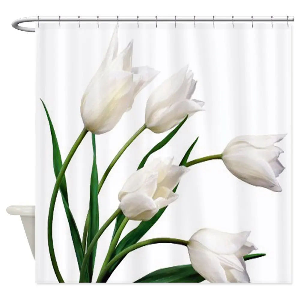 Bijeli Tulipan Poliester Vodootporan Tuš Zavjese Zavjese Za Uređenje Kupaonice