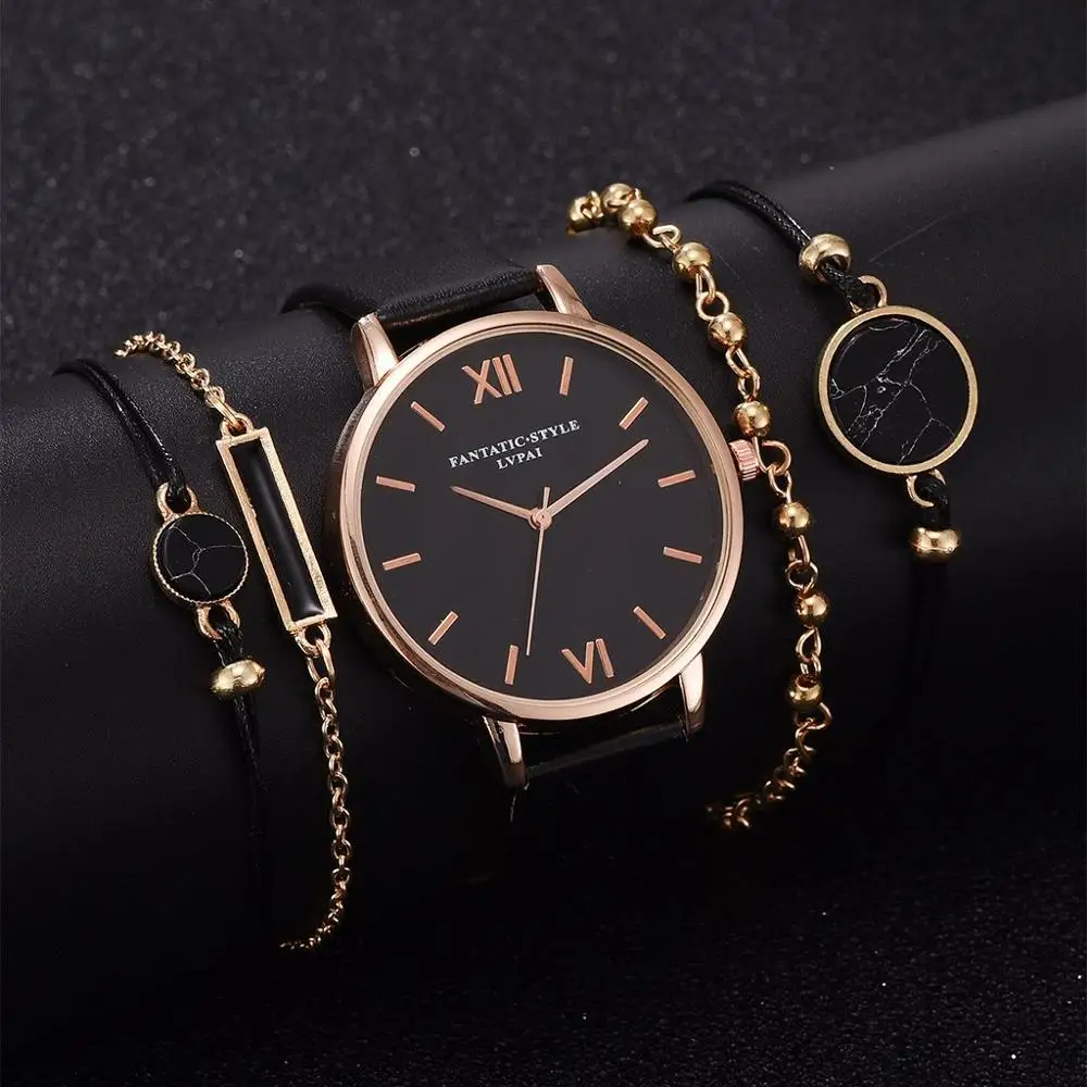 5 kom. Komplet Top Stil Ženska moda, Luksuzni kožni remen Analogni kvarcni ručni satovi satovi za Ženske haljine Reloj Mujer Crnci sat