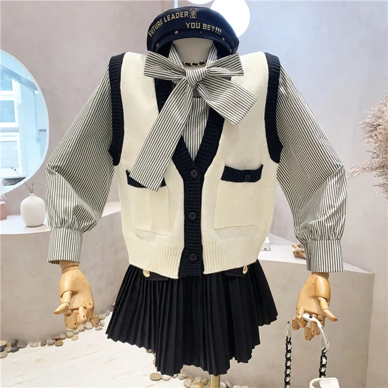 Nova ženska odjeća 2021 Jesen zima Koledž stil odijelo pletene prsluk kardigan + majica s lukom set od dva komada Slika 1 