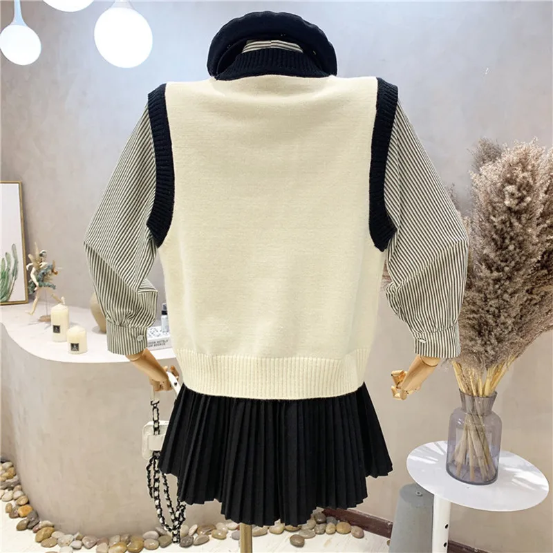 Nova ženska odjeća 2021 Jesen zima Koledž stil odijelo pletene prsluk kardigan + majica s lukom set od dva komada Slika 4 