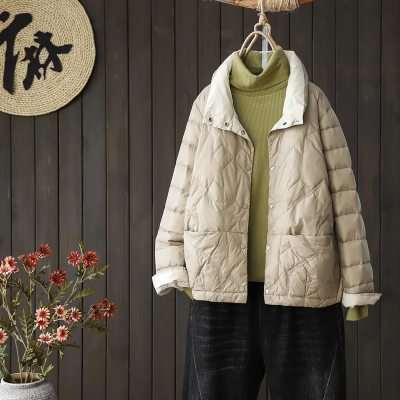 Ženska toplo dolje jaknu 2021 Jesen Zima Nova moda Ovratnik-satna Однобортная kratka, lagana jakna Korejski kaput