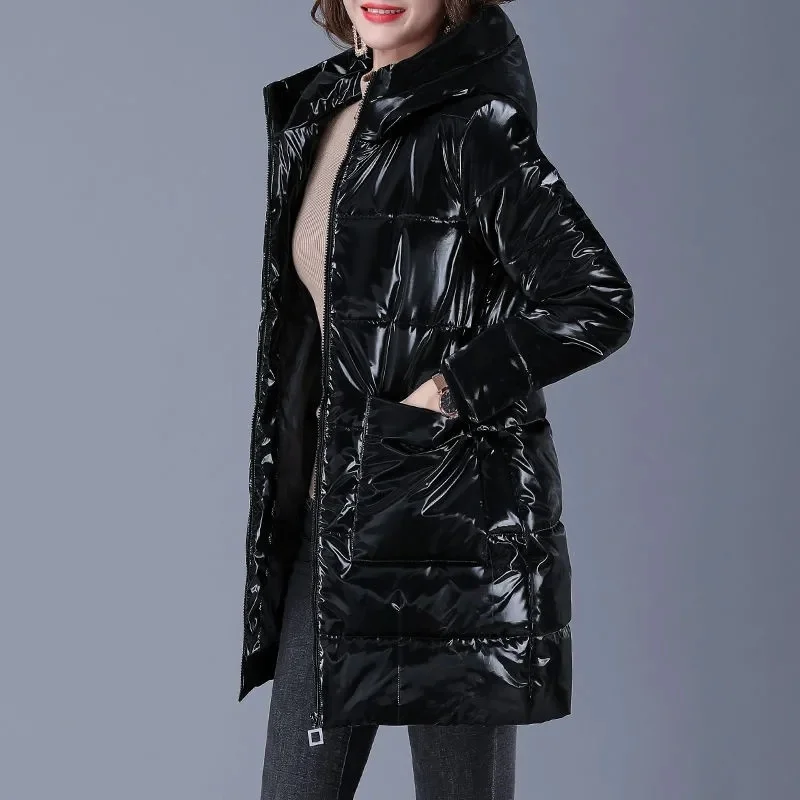 Zimska jakna Ženska crni dugi kaput od glatke tkanine sa pamučnom postavom Odjeća s kapuljačom Svijetlo lice Modni утолщенное topli kaput