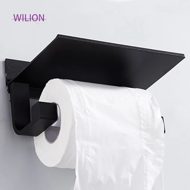 1pc Mat Crni Držač za Toaletni Papir Prostor Aluminijski Materijal Kupaonica Pokretna Polica Za Telefon Pribor Popularni Korištenje