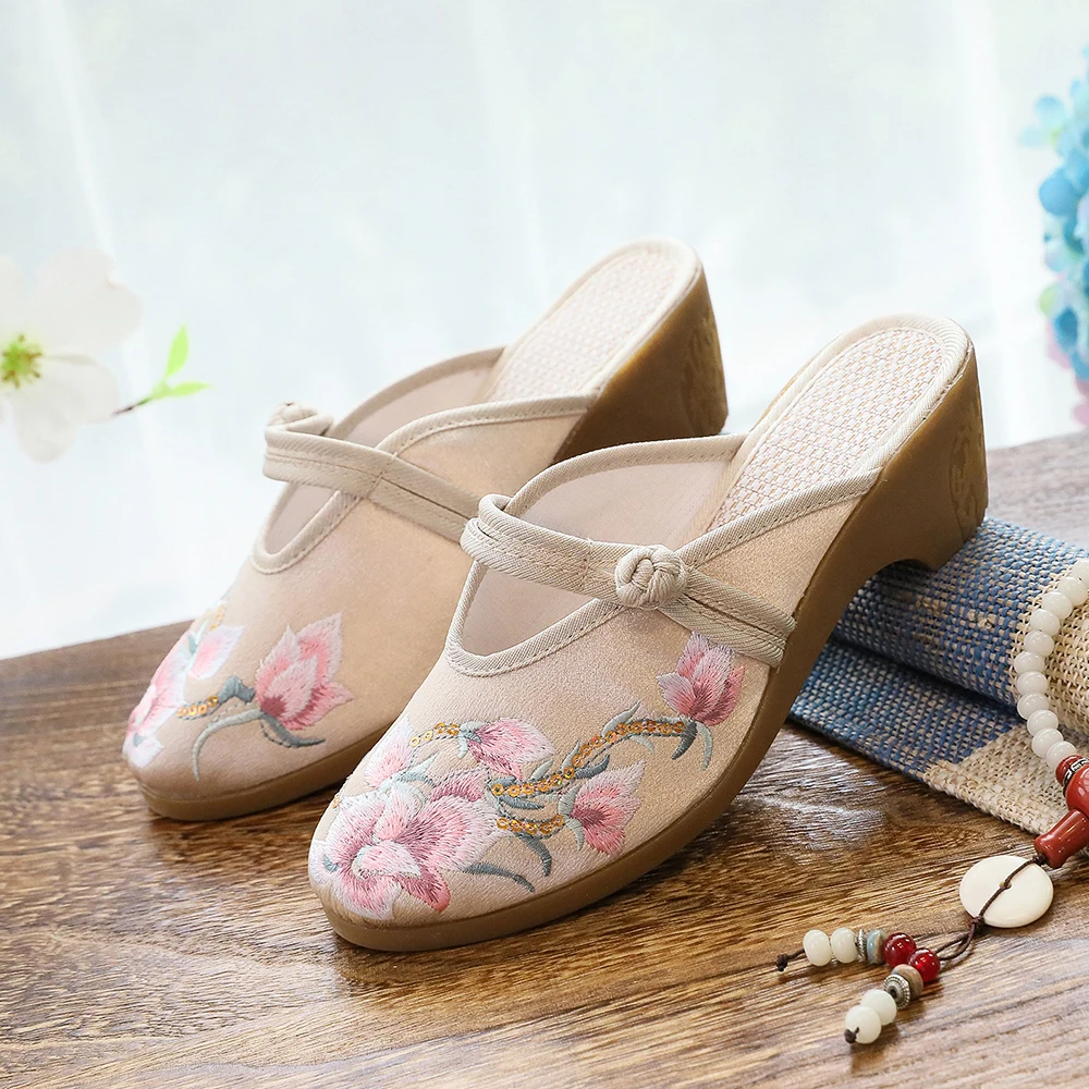 Veowalk 7 cm, blok peta Za žene vezeni pamuk japanke Ljetne ženske u kineskom stilu papuče sa zatvorenim vrhom Soft udobnu obuću