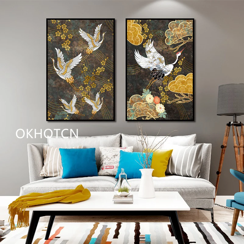 Kineski Drevni Stil Životinja Platnu Slikarstvo Zlatne Cvijeće Crane Apstraktne Dekorativni Poster Na Zidu Estetski Dekor Sobe