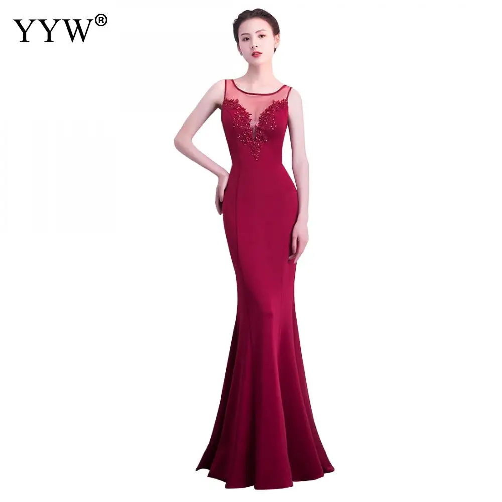 Elegantna duga vjenčanica Sirena sa crvenim cvjetnim aplikacije s сетчатым V-izrez, donje modni večernja haljina za zabave, Seksi klub haljina slavne osobe