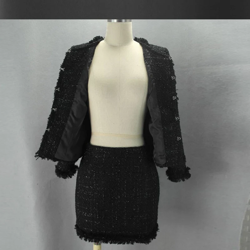 Crna tvida sako + suknja odijelo napredno korisničko proljeće-jesen-zima ženski sako ženski kostim sa suknje od 2 predmeta