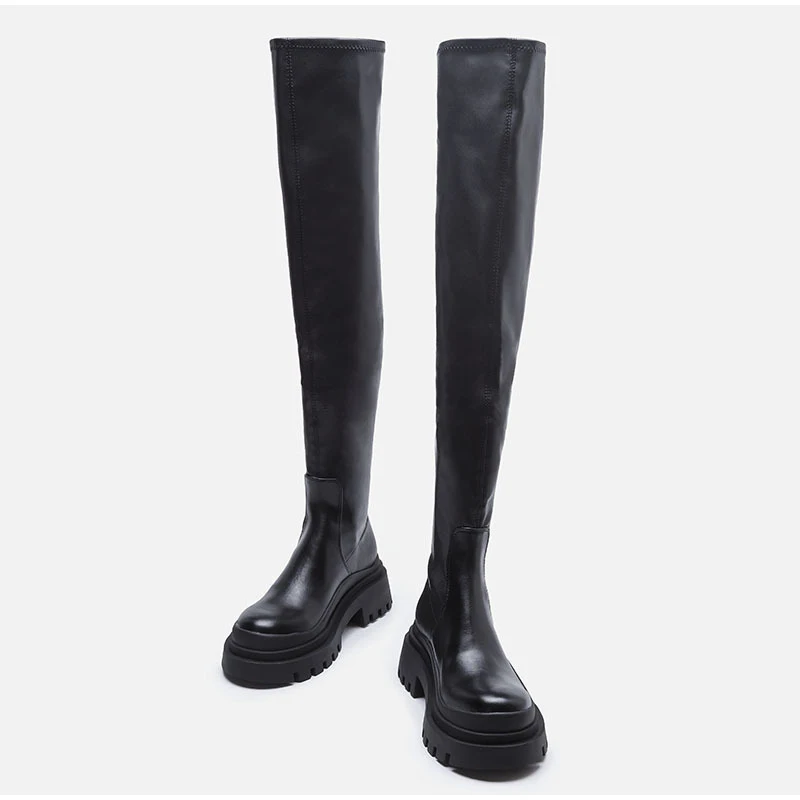 ZA 2021 Ženska moda Čizme iznad koljena Na platformi Visoke kvalitete Crne duge čizme Ženske čizme za Chelsea u britanskom stilu Luksuznih na veliko