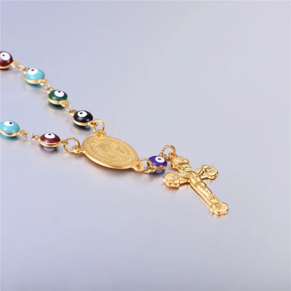 Ogrlica sa perlama Ogrlica Ženske Oči Karika Lanca Zlatna Boja Nehrđajućeg Čelika Medalju Svetog Benedikta Ogrlica Križ Nakit N121