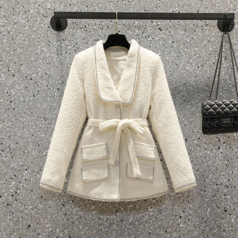 Jesensko-zimska Nova moda čipka-up sa strukom, tvida jaknu s dijamantima, ženska elegantna однобортная jakna dugih rukava, gusta vune kaput