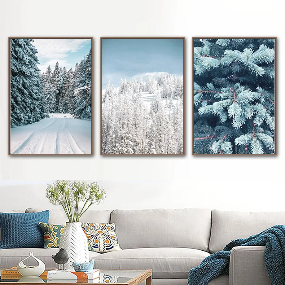 Zimi Snježni Šuma Biljni Krajolik Platnu Slikarstvo Skandinavski Drvena Kuća Ispisuje Zidne Slike za Plakate Estetski Dekor sobe
