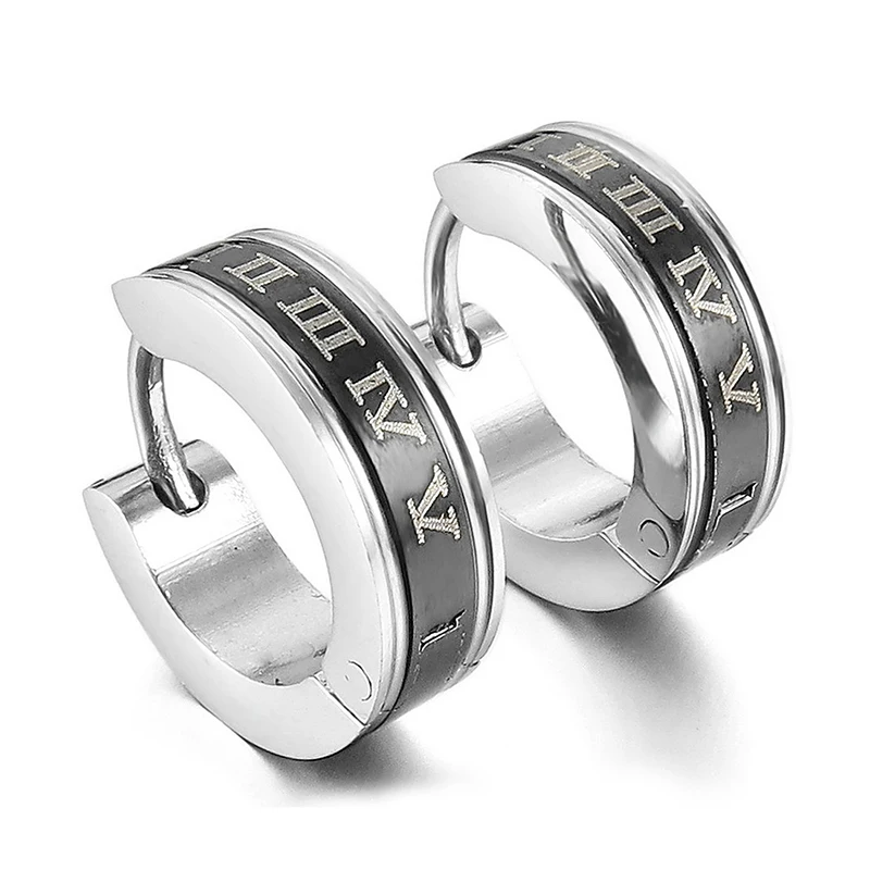 Šipke od nehrđajućeg čelika naušnice naušnice, prstenje-roze za uši Crno srebrni rimski brojevi klasične polirane muškarci, žene