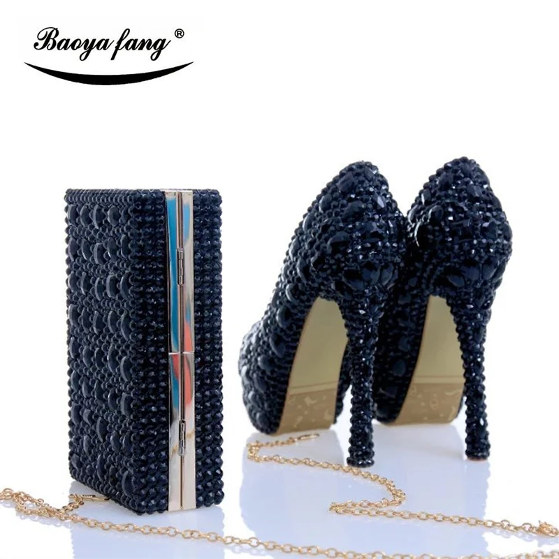 Luksuzni crne cipele vjenčanje cyrstal s odgovarajućim torbama ženska modna obuća s dijamantima na visoke potpetice Ženske cipele na platformu plus size