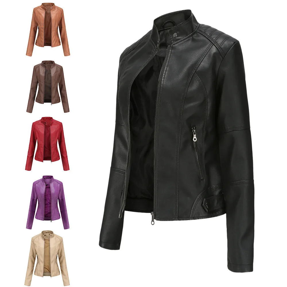 2021 Ženska kožna jakna Jesenski tanka ženska мотоциклетная jakna je Jakna od umjetne kože, s rol-bar Ženska crna odjeća od umjetne kože Slika 2 