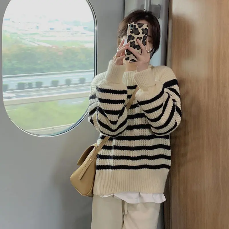 Prugasta ženski pulover dugih rukava u korejskom stilu s okruglog izreza, topla, mekana Besplatno trendy slobodno vrijeme, univerzalni slatka odjeća, šik pletene majice
