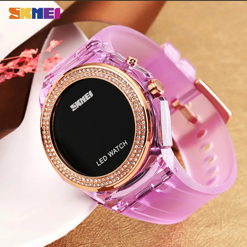 SKMEI Led digitalni sat Ženski moda s dijamantima Ženski ručni sat za djevojčice Vodootporan prozirni sat s remenom od umjetne kože Reloj Mujer